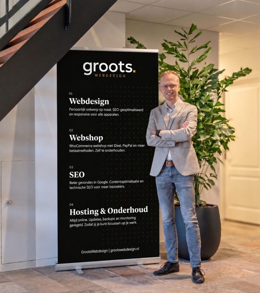 Gerard de Groot van GrootsWebdesign naast de GrootsWebdesign-banner